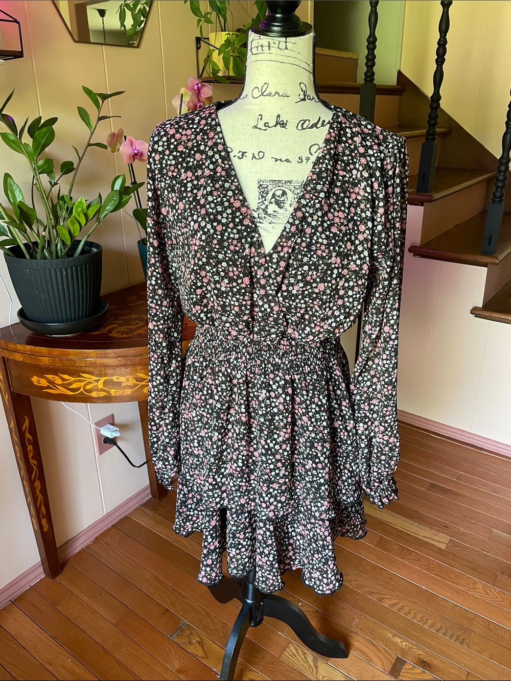 Timing Black Long-Sleeve Floral Tiered Mini Dress with Pink and White Blossoms